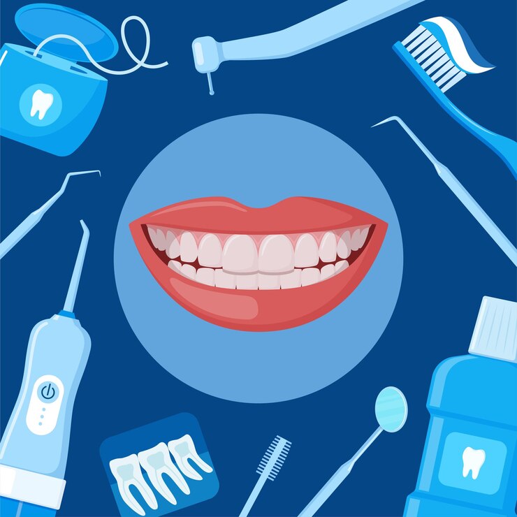 Vector beautiful smiling mouth with healthy teeth dental cleaning tools oral care and hygiene products