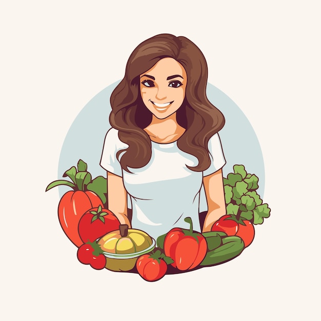 Beautiful smiling woman with fresh vegetables Vector illustration in cartoon style