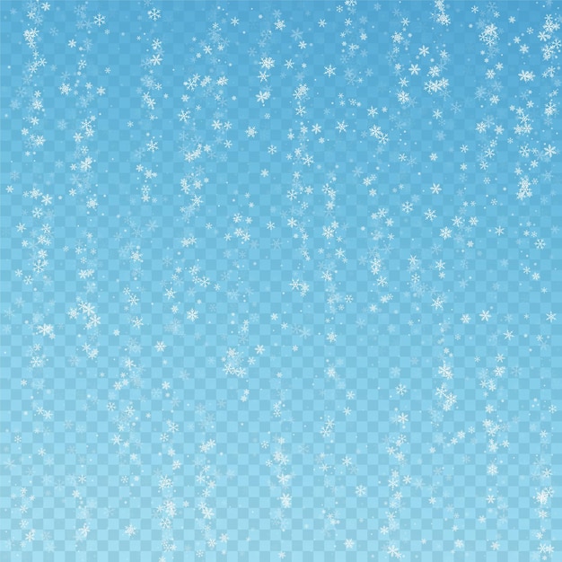 Beautiful snowfall Christmas background. Subtle flying snow flakes and stars on blue transparent background. Alive winter silver snowflake overlay template. Delightful vector illustration.