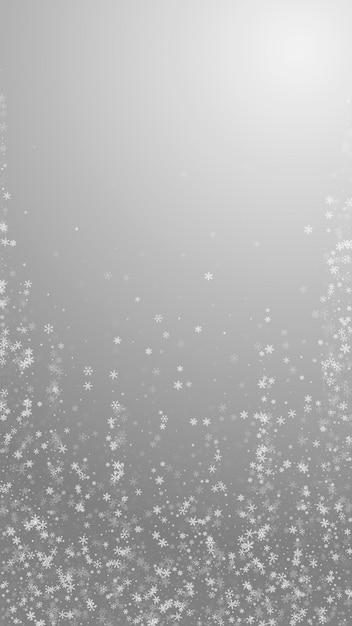 Beautiful snowfall Christmas background. Subtle flying snow flakes and stars on grey background. Alluring winter silver snowflake overlay template. Fantastic vertical illustration.