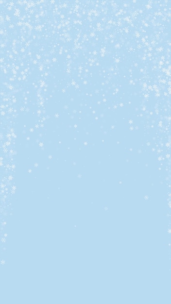 Beautiful snowfall christmas background Subtle flying snow flakes and stars on light blue winter backdrop Beautiful snowfall overlay template Vertical vector illustration