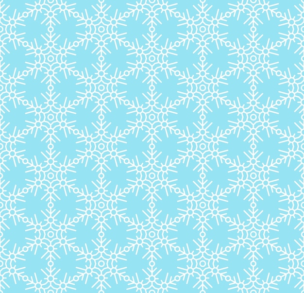 Beautiful snowflakes seamless pattern layout Thin line white snowflakes on light blue background Template for christmas gifts wrapping paper Simple snowy wallpaper vector illustration