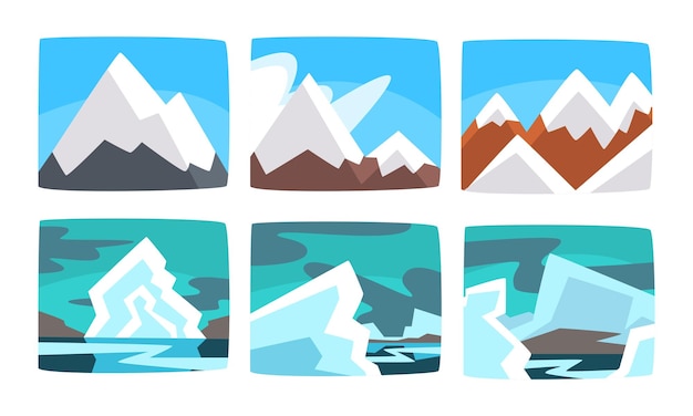 Vector beautiful snowy mountains landscape set hills and icebergs in sunny and cloudy weather vector illustration