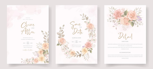 美しい柔らかい花と葉の結婚式の招待カードのデザイン