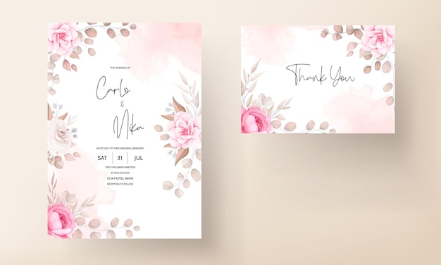 Vector beautiful soft peach and brown floral wedding invitation template