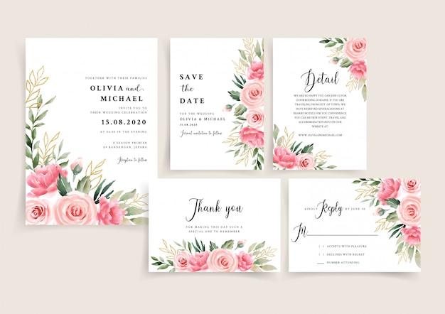 Beautiful soft pink and gold floral wedding invitation template set