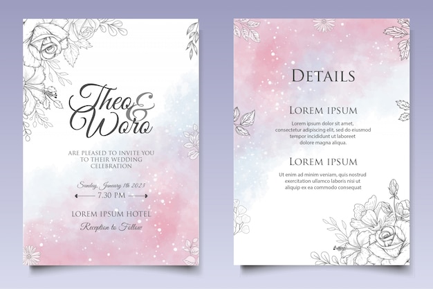 Beautiful splash and floral lineart wedding card template