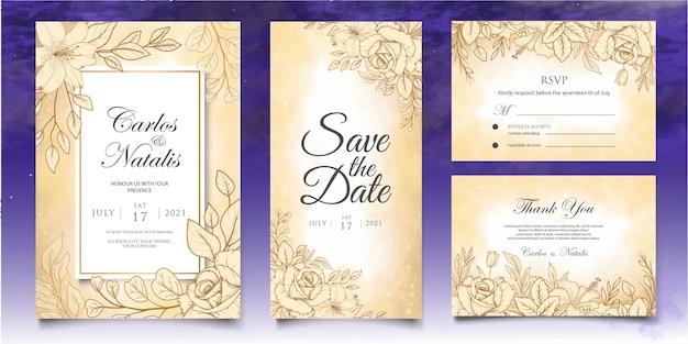 Beautiful splash and floral lineart wedding card template