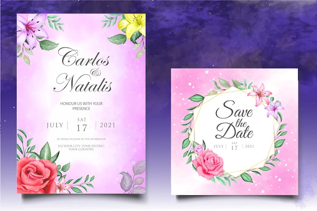 Beautiful splash and floral watercolor wedding card template