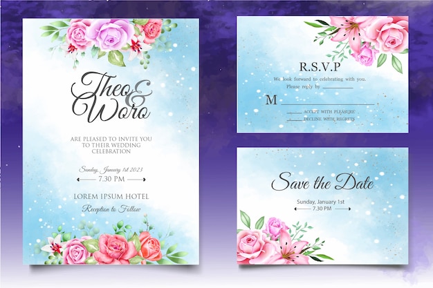 Beautiful splash and floral watercolor wedding card template