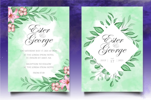 Beautiful splash and floral watercolor wedding card template