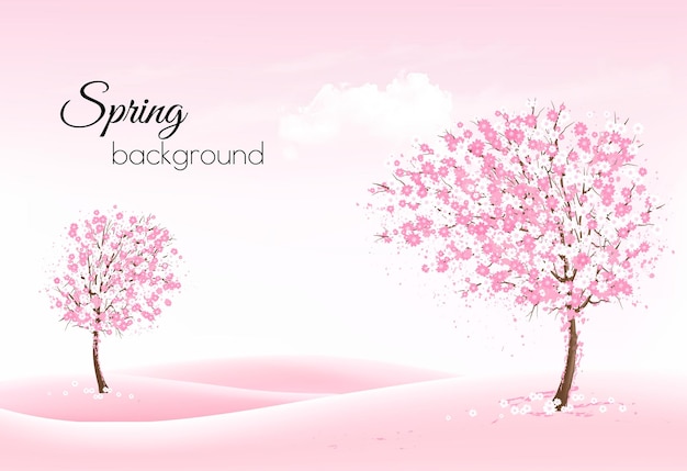 Beautiful spring nature background with a blossoming trees and landscaper. 