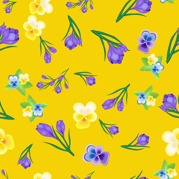 Beautiful spring seamless pattern with crocuses and Pansies.