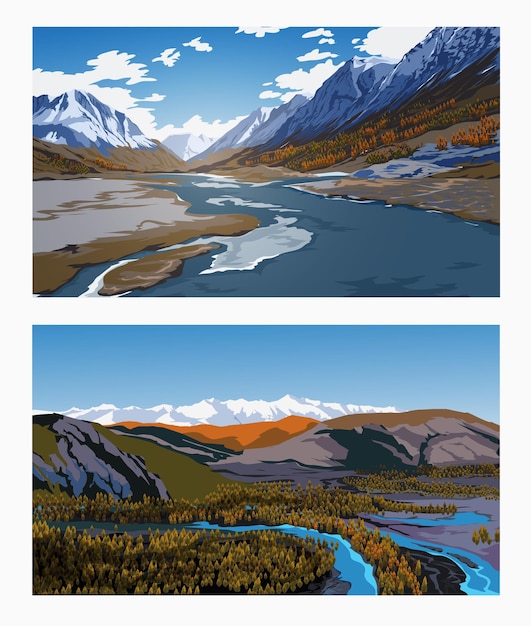 Vector beautiful spring or winter landscapes with an blue sky rivers forest mountains clouds and snow peaks