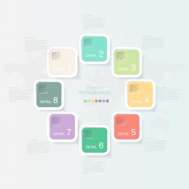 美しい正方形のインフォグラフィック8要素と現在のビジネスコンセプトのアイコン。