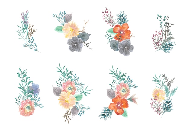 美しい夏の花の花束の水彩画コレクション