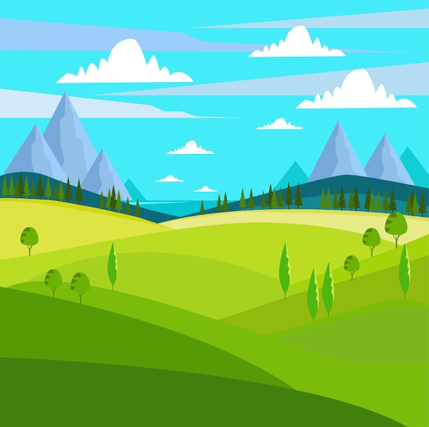 Vector beautiful summer landscape. meadows, fields, mountains, and the sea.