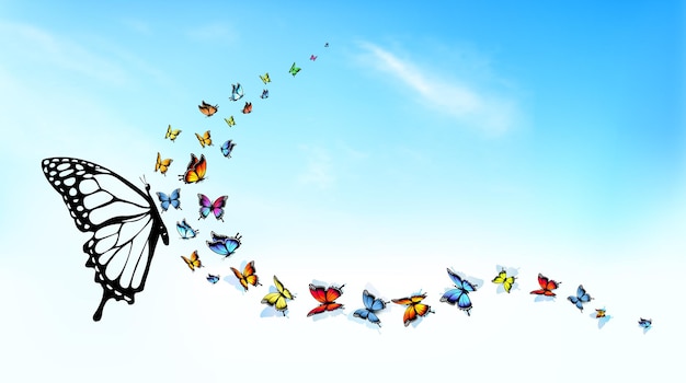 Beautiful Summer nature background with Colorful Butterflies and Blue Sky with White Clouds Vector