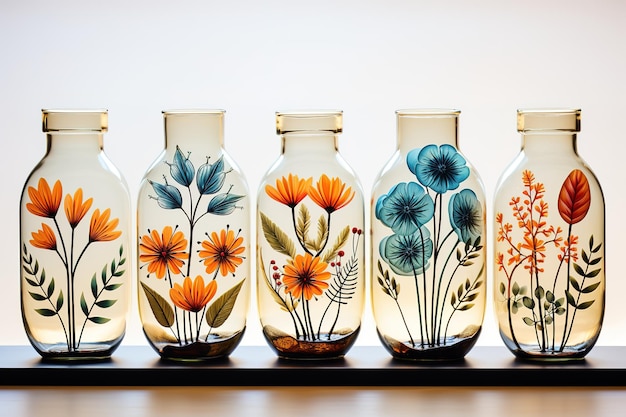 Beautiful summer and spring flowers in different size glass bottles on a white background