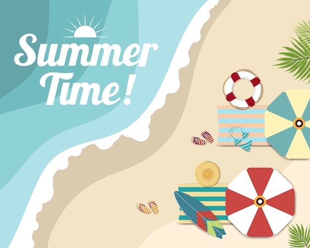 Vector beautiful summer time illustration, top view of the beach and sea