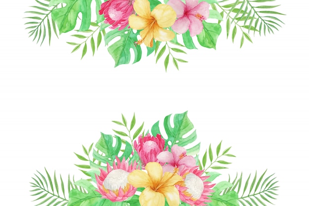 Beautiful summer  with tropical flowers, palm leaves, and monstera on white