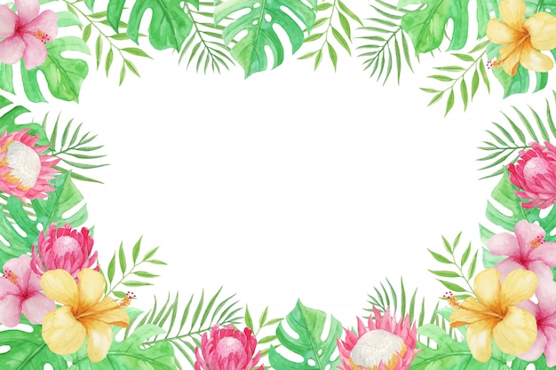 beautiful summer  with tropical flowers, palm leaves, and monstera