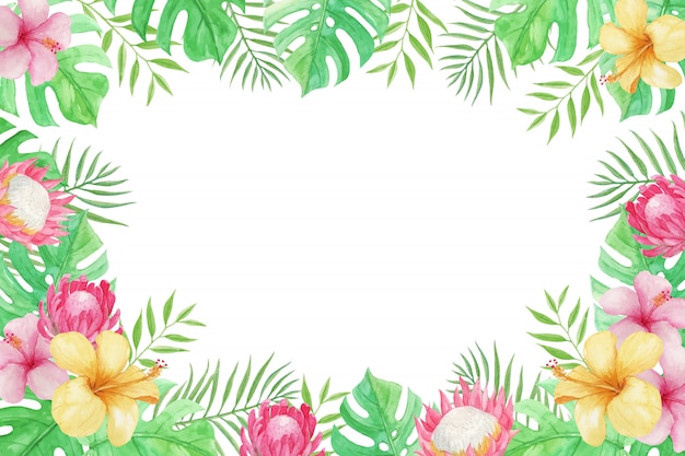 Vector beautiful summer  with tropical flowers, palm leaves, and monstera