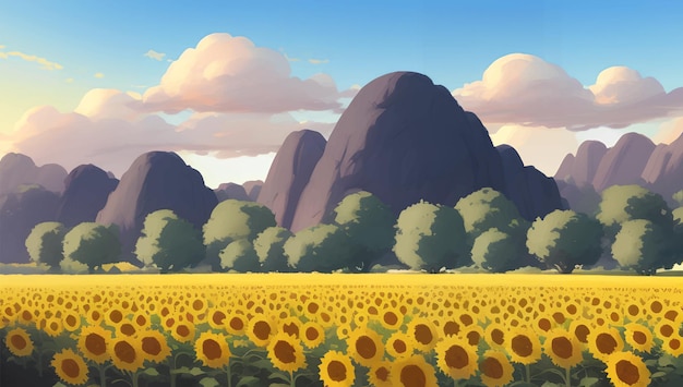 Beautiful Sunflower Field Detailed Hand Drawn Painting Illustration