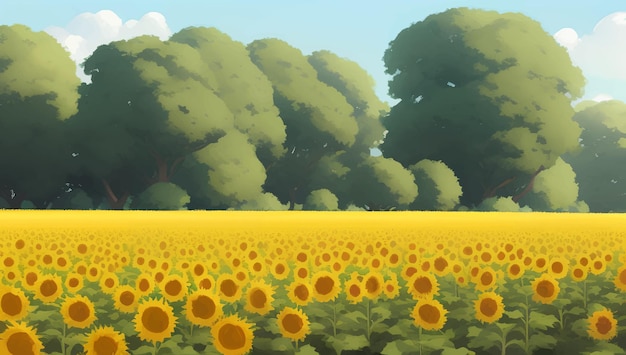 Bellissimo campo di girasoli durante il giorno con alberi illustrazione disegnata a mano dettagliata della pittura