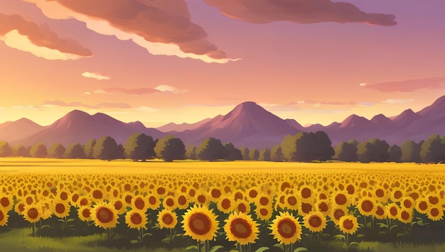 Bellissimo campo di girasoli durante il tramonto con alberi illustrazione disegnata a mano dettagliata della pittura