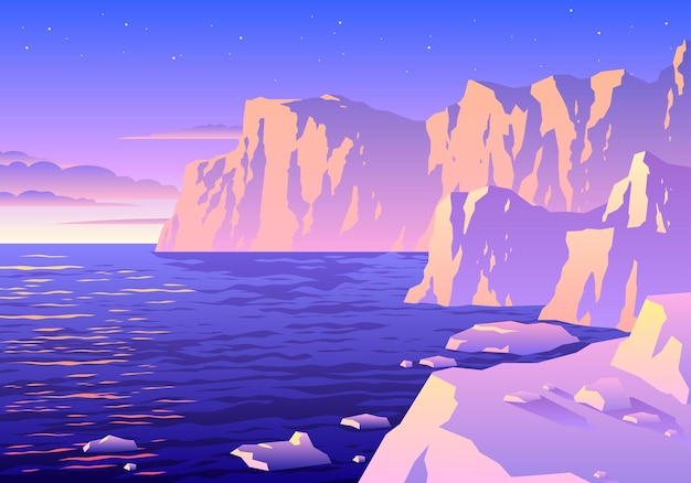 Vettore illustrazione del paesaggio dell'iceberg artico o antartico di bel tramonto