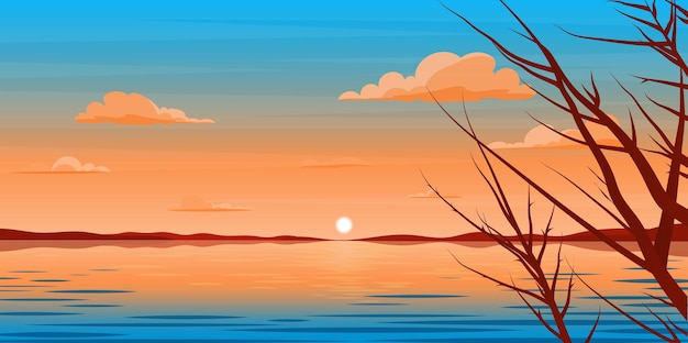 川の美しい夕日の背景