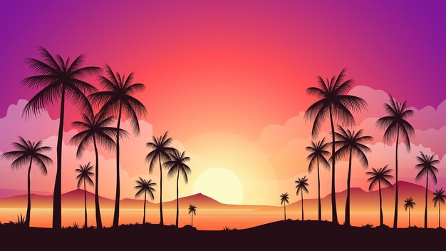 Beautiful sunset beach palm landscape vector illustration