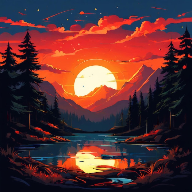 beautiful sunset in a forest with trees and a lake in the mountains high quality illustration