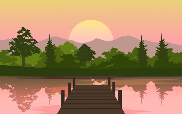 Vettore bel tramonto sul lago con dock