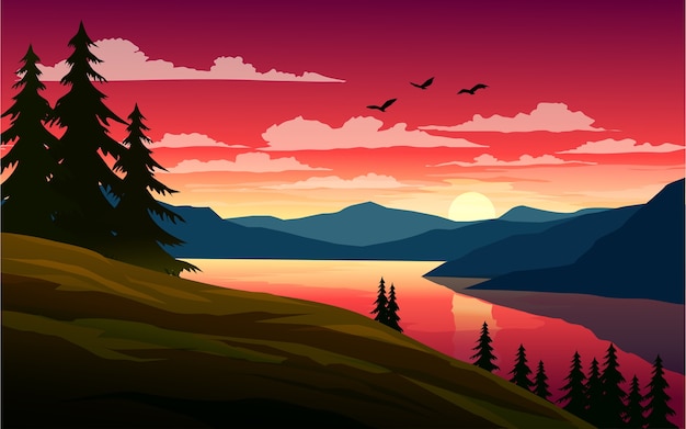 Vector beautiful sunset in lake with hills and pine trees