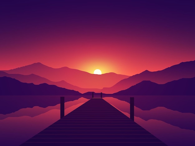 Vector beautiful sunset in lake with pier