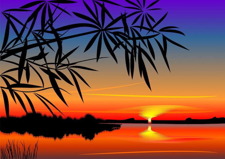 Vector beautiful sunset over the lake