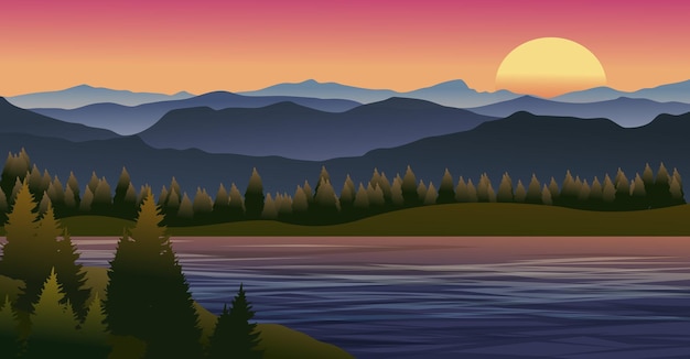 Vector beautiful sunset landscape in mountain with mountains and lake