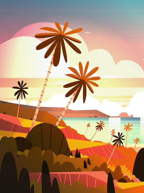 Vector beautiful sunset on ocean, tropical landscape summer seaside beach with palm tree