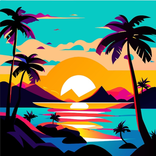 Вектор Красивый закат на океане тропический ландшафт летний приморский пляж с пальмой