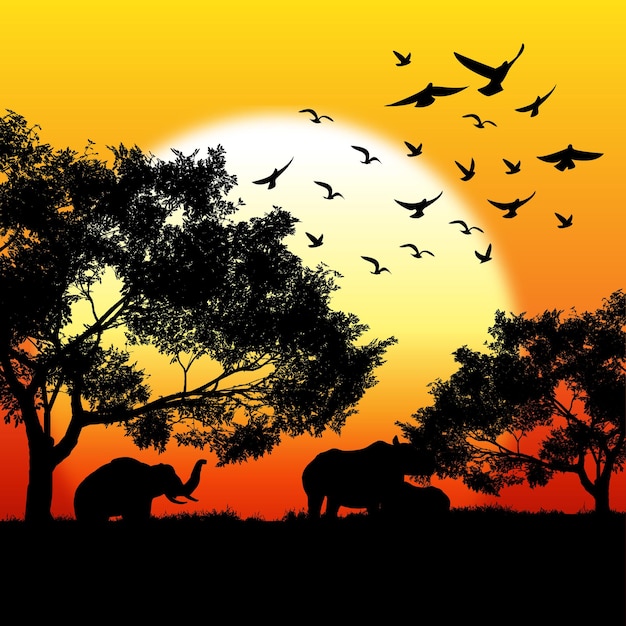 Вектор Прекрасный закат с африканским животным