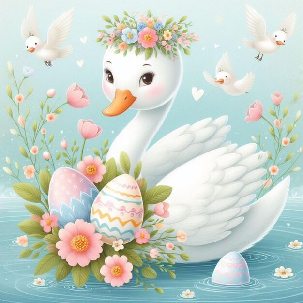 Beautiful swan with floral wreath on his head