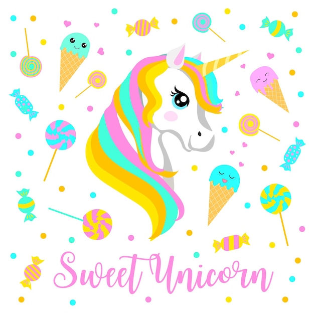 Bellissimo unicorno dolce, gelato e caramelle carini. illustrazione vettoriale