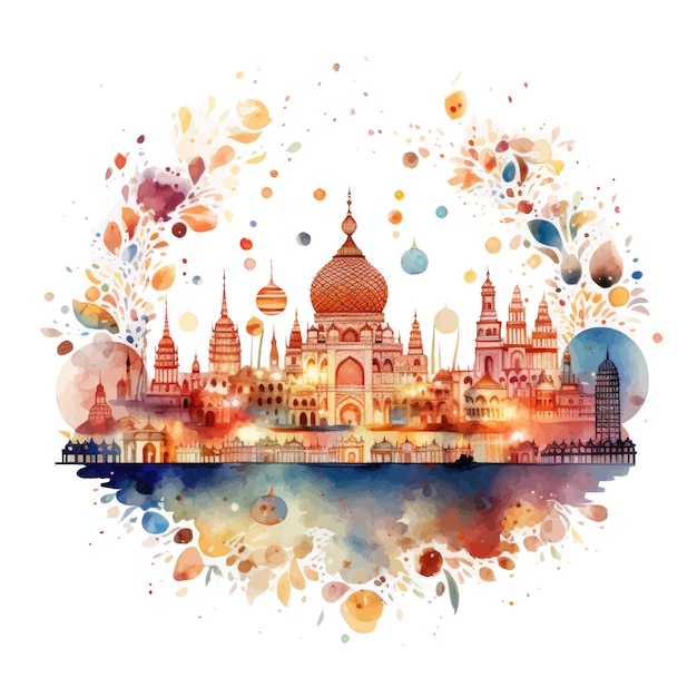 Beautiful Taj Mahal on watercolor background Vector illustration