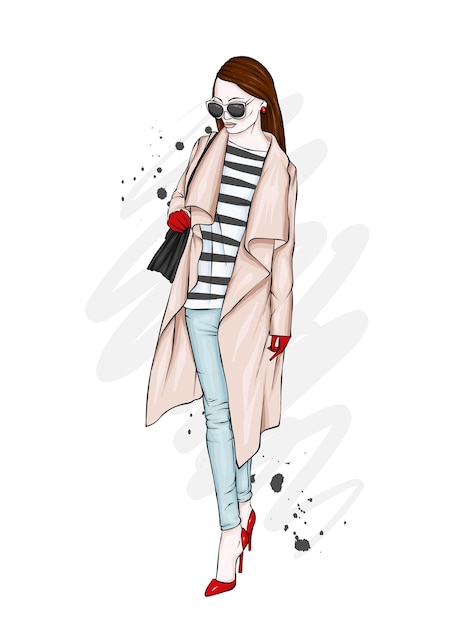 Vector beautiful, tall and slender girl in a stylish coat, trousers, and glasses.