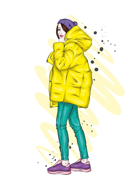 beautiful, tall and slender girl in a stylish coat and trousers