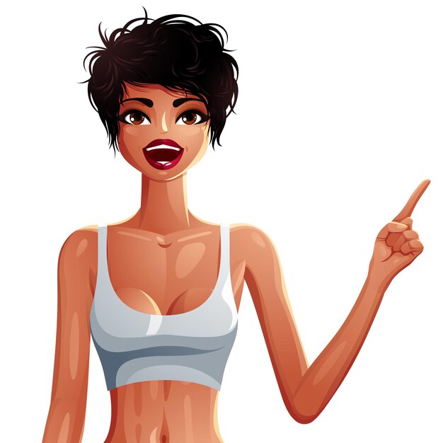 Vector beautiful tanned woman pointing at some empty copy space to side with her finger, upper body portrait. colorful drawing of a cute slender sport girl, healthy lifestyle idea.