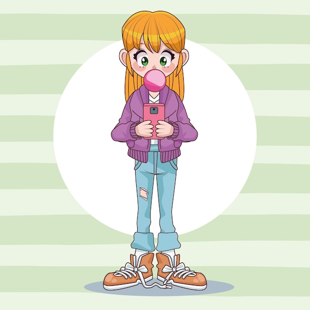 Beautiful teenager girl using smartphone with buble gum anime character  illustration