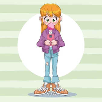 Bella ragazza dell'adolescente che utilizza smartphone con l'illustrazione del carattere di anime della gomma di buble